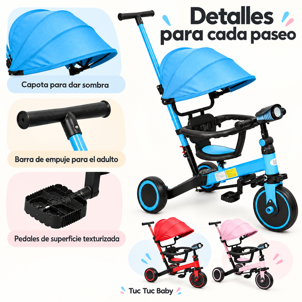Bici Triciclo infantil 4 en 1 con capota y barra de empuje