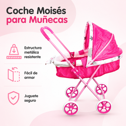 Coche Moisés para Muñecas Rosado con Capota Grande