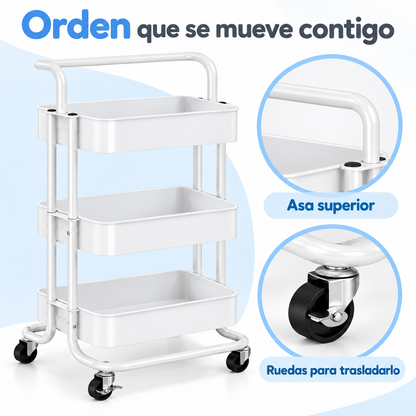 Carrito Organizador De 3 niveles con ruedas y asa blanco