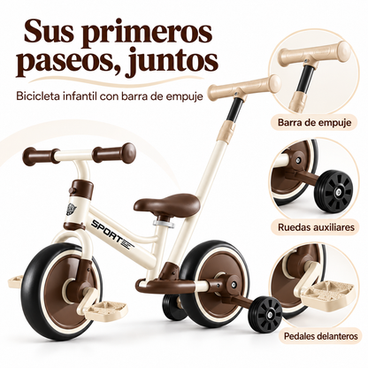 Bicicleta De Equilibrio Infantil con barra de empuje, pedales y ruedas auxiliares | Beige y Café