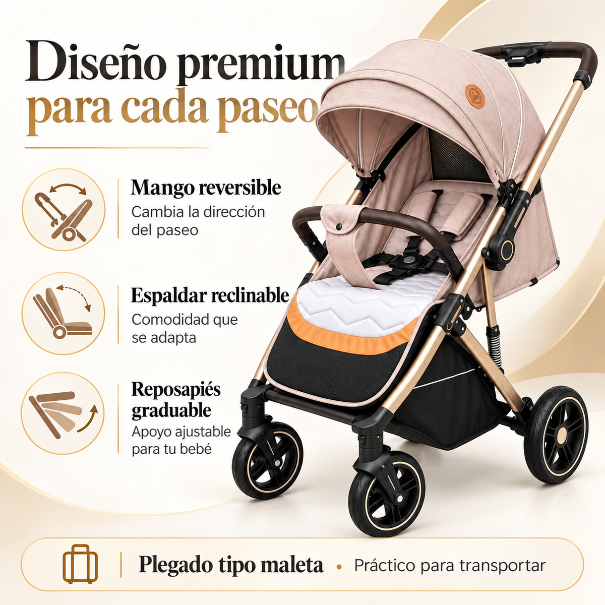 Coche Maleta River Plus Premium con Mango Reversible y Cubrepiés Con Llantas En Goma