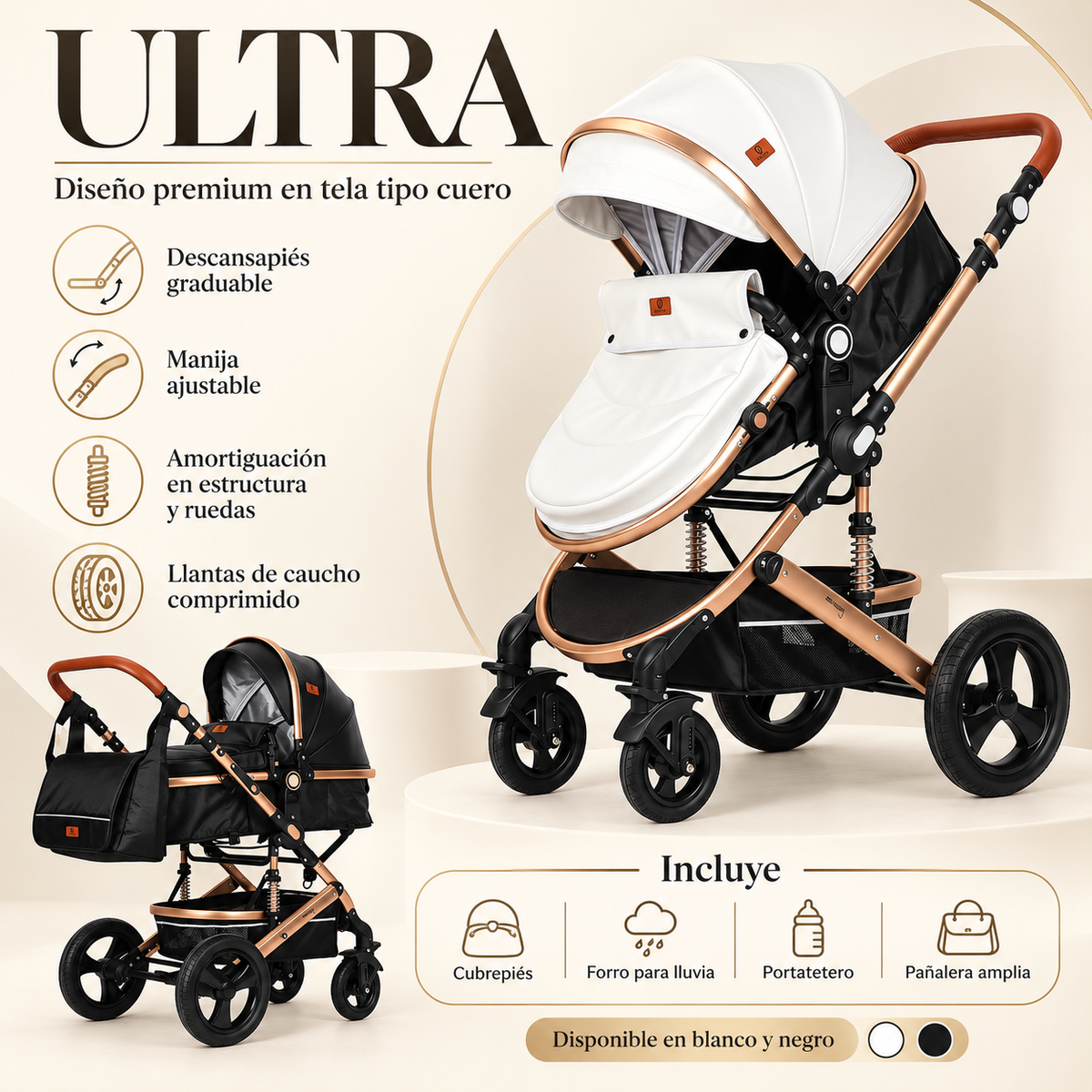 Coche Moises Ultra Premium en Tela Tipo Cuero con Pañalera