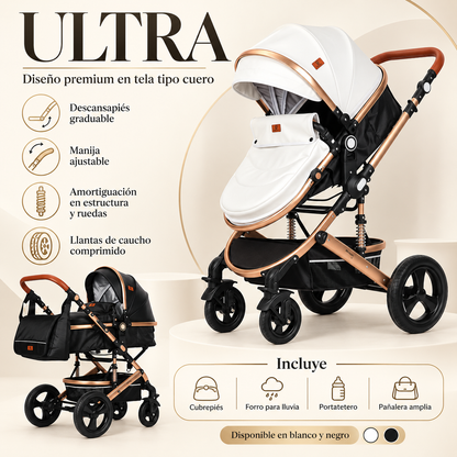 Coche Moises Ultra Premium en Tela Tipo Cuero con Pañalera