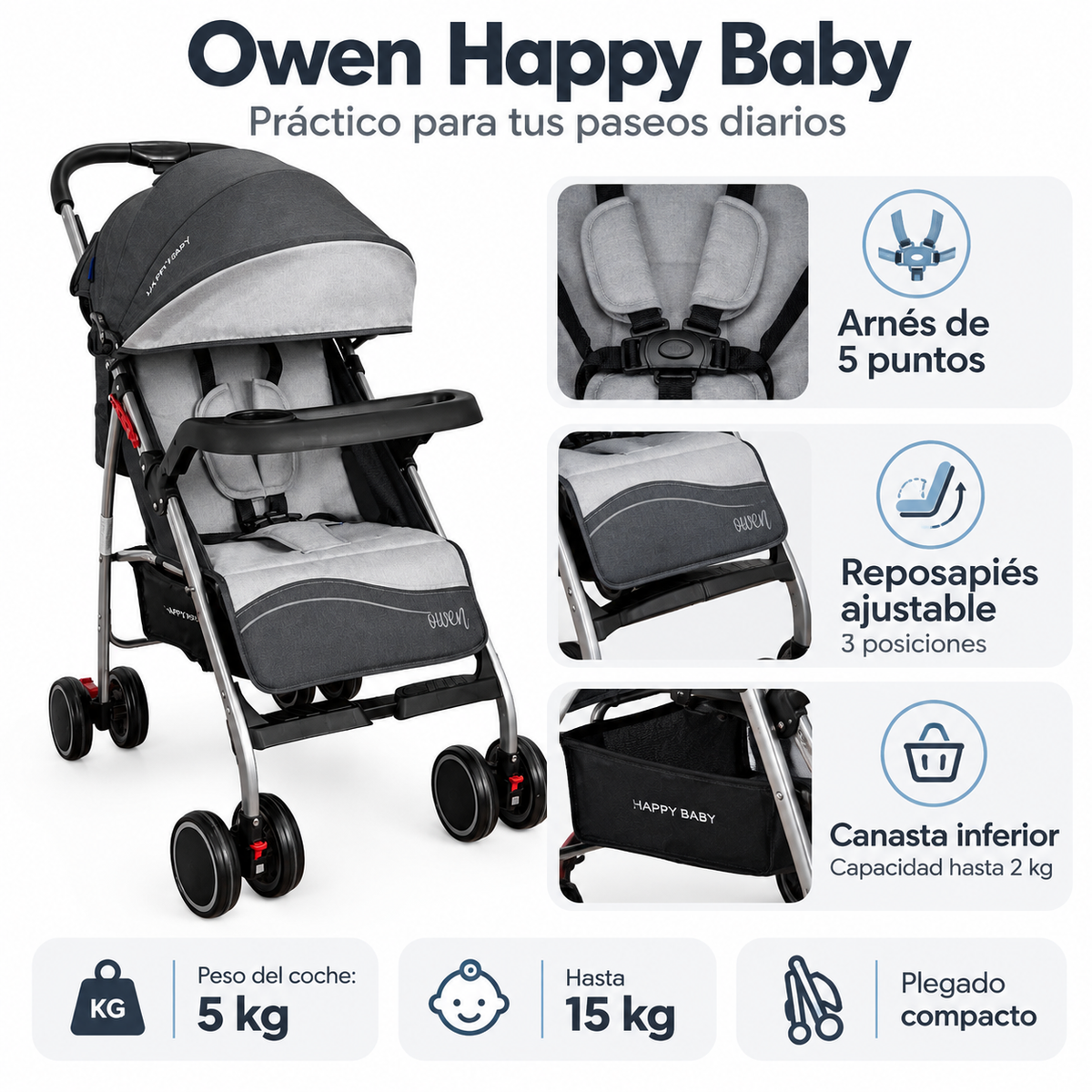 Coche paseador Owen Happy Baby para bebé | Liviano, reclinable y plegable