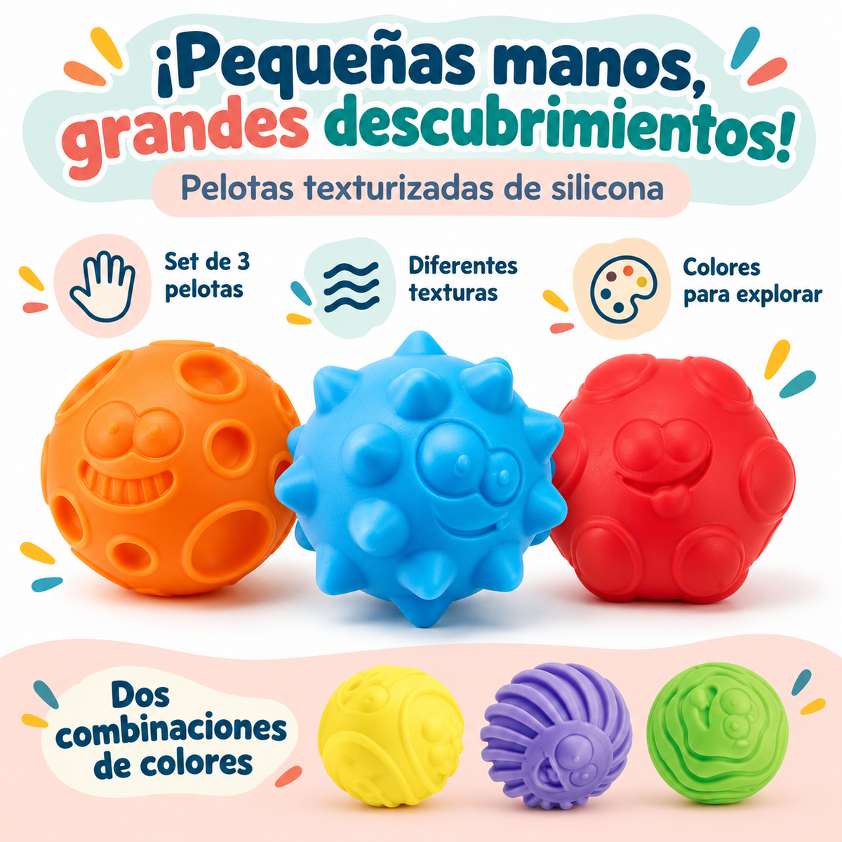 🌈 Set de 3 pelotas texturizadas de silicona