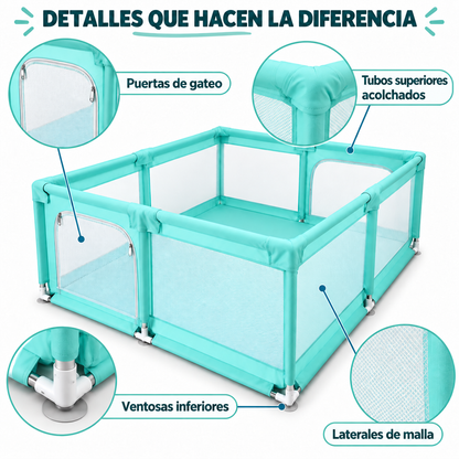 Corral de juegos para bebé 180 × 200 cm con puertas de gateo y tubos acolchados – Verde menta