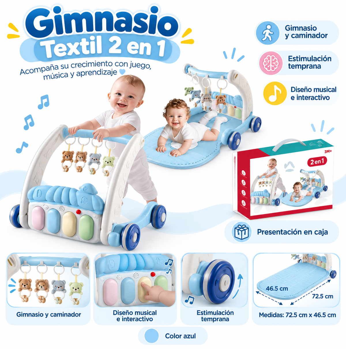 💙 Gym Musical 2 en 1 para Bebé – Gimnasio y Caminador.