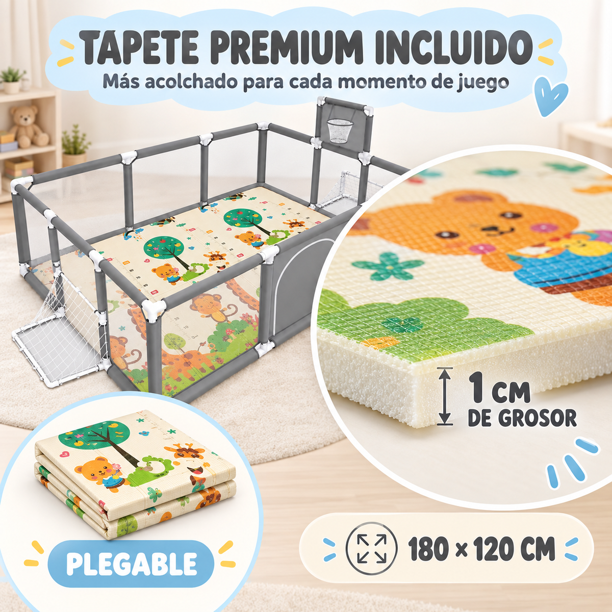 Corral de Juegos Premium 180x120 cm + Tapete Extra Grueso 1 cm + 30 Pelotas + Canasta