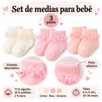 🎀 Set de 3 Pares de Medias para Bebé 💕