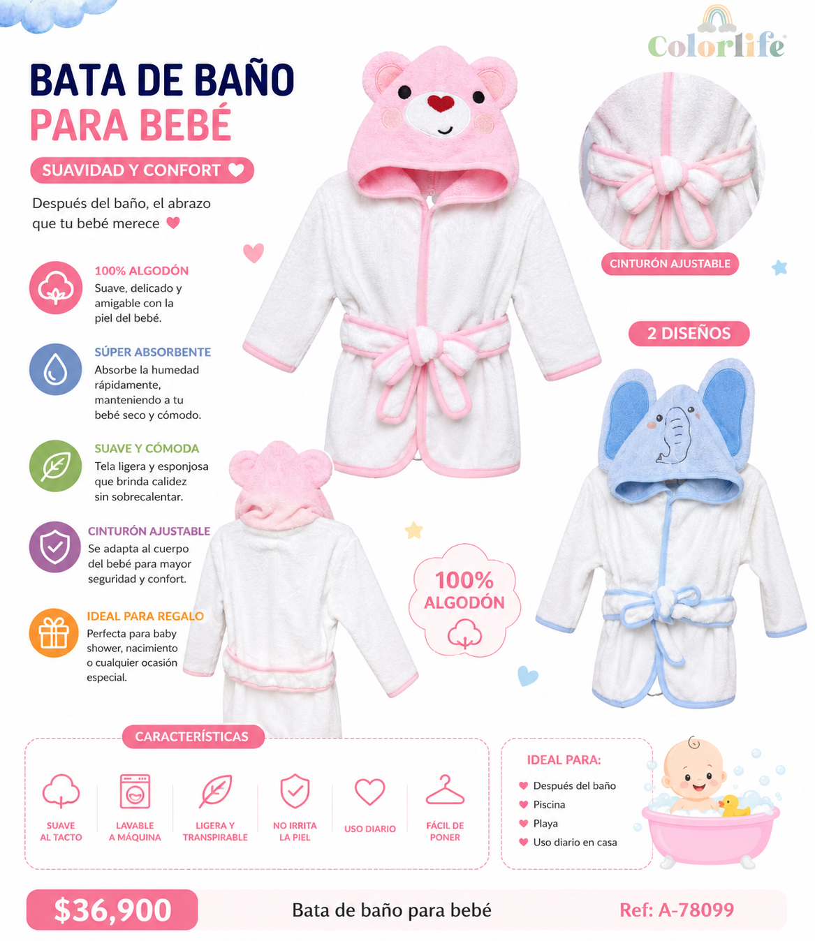 Bata de Baño para Bebé con Capucha de Animalito – 100% Algodón