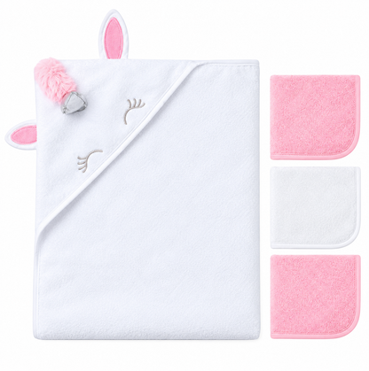 Set de Toalla para Bebé con Capucha 3D + 3 Babitas | Unicornio y Osito
