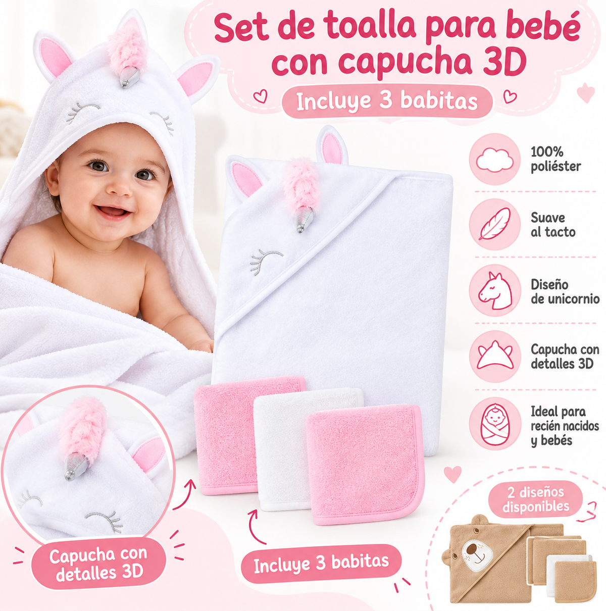 Set de Toalla para Bebé con Capucha 3D + 3 Babitas | Unicornio y Osito