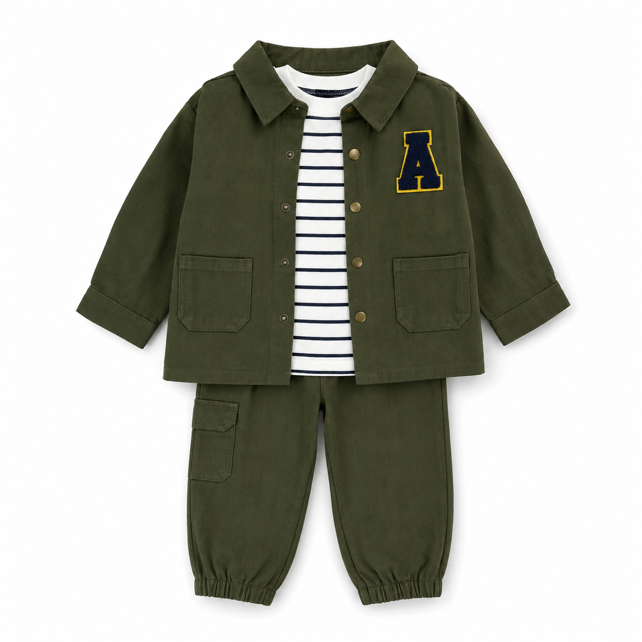 Conjunto Infantil para Niño de 3 Piezas Verde Militar – Sobrecamisa, Camiseta a Rayas y Pantalón Cargo Jogger
