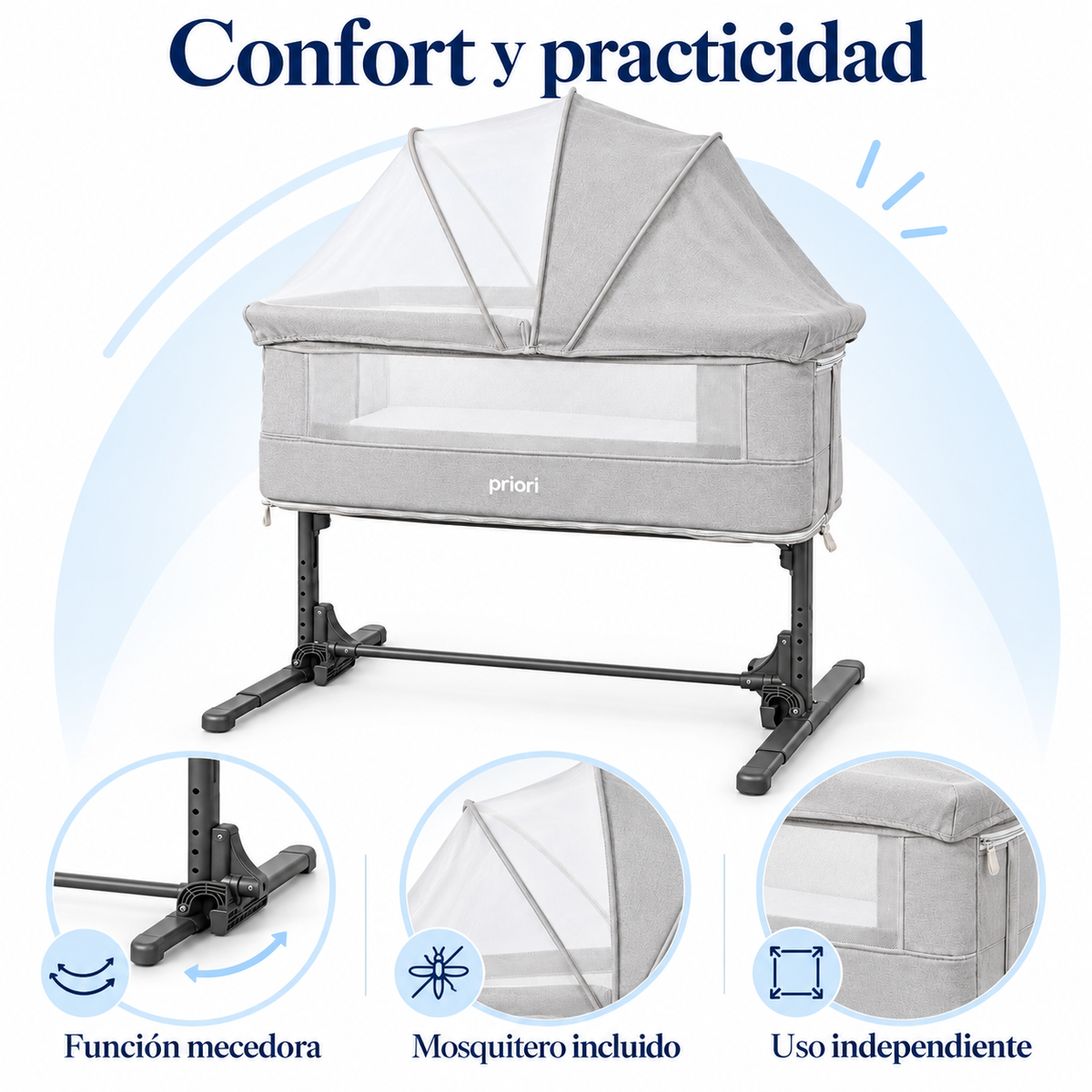 Cuna Colecho Priori Minia para Bebé con Mecedora, Altura Ajustable y Mosquitero, Doble Nivel
