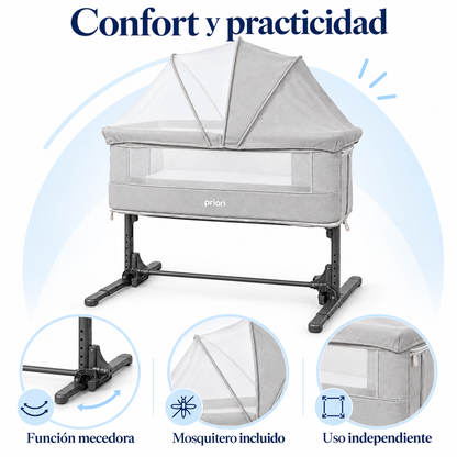 Cuna Colecho Priori Minia para Bebé con Mecedora, Altura Ajustable y Mosquitero, Doble Nivel