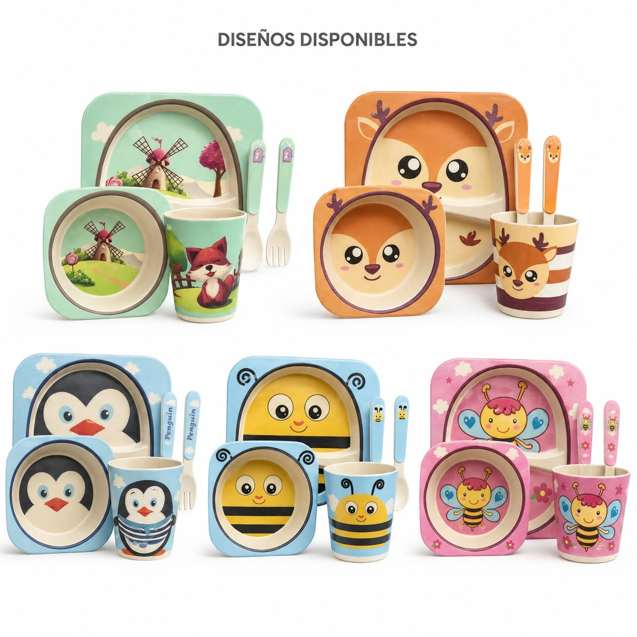 Vajilla Infantil de Fibra de Bambú 6 Piezas con Bandeja Dividida, Plato, Tazón, Vaso y Cubiertos – Set de Alimentación con Diseños Infantiles