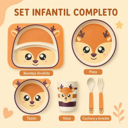 Vajilla Infantil de Fibra de Bambú 6 Piezas con Bandeja Dividida, Plato, Tazón, Vaso y Cubiertos – Set de Alimentación con Diseños Infantiles
