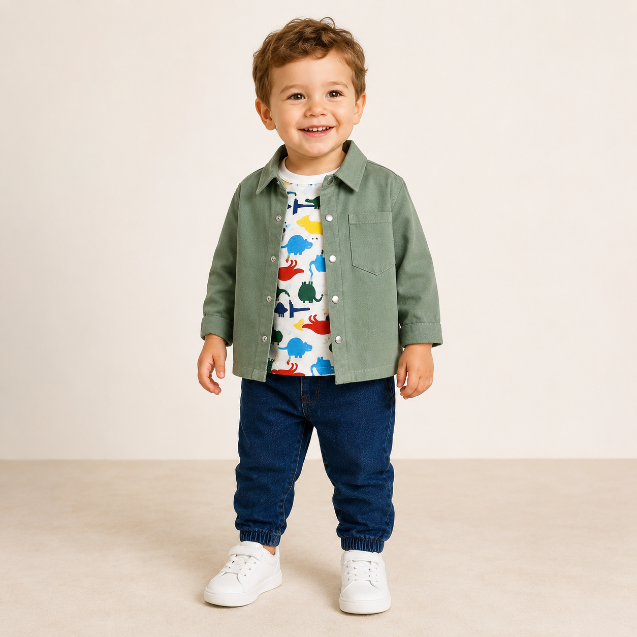 Conjunto Infantil para Niño de 3 Piezas – Sobrecamisa Verde, Camiseta Estampada y Pantalón Jogger