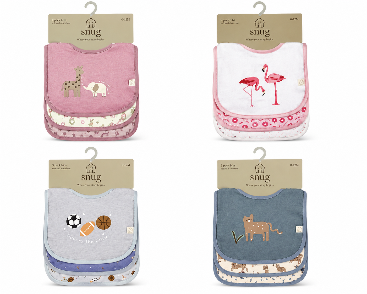 Set de 3 Baberos para Bebé Snug 100% Algodón | Bolsillo Absorbente