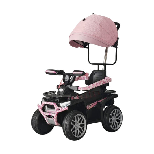 Carro Cuatrimoto Eléctrico Con Guía Dirigible, 1 Motor, Llantas En Goma, Control Remoto Recargable Con Dirección y Silla En Cuero