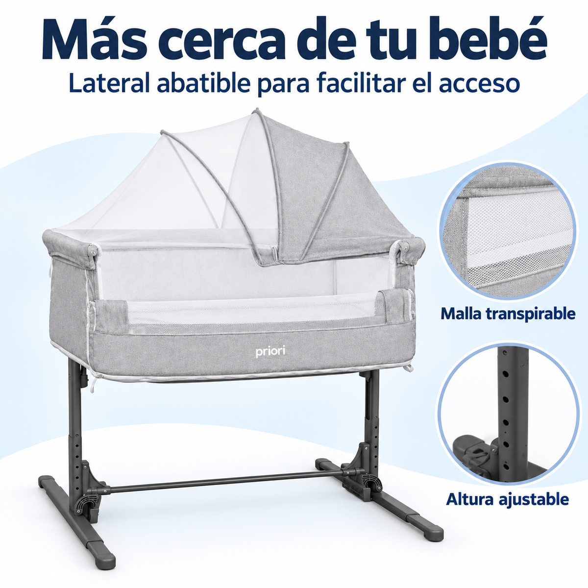 Cuna Colecho Priori Minia para Bebé con Mecedora, Altura Ajustable y Mosquitero, Doble Nivel