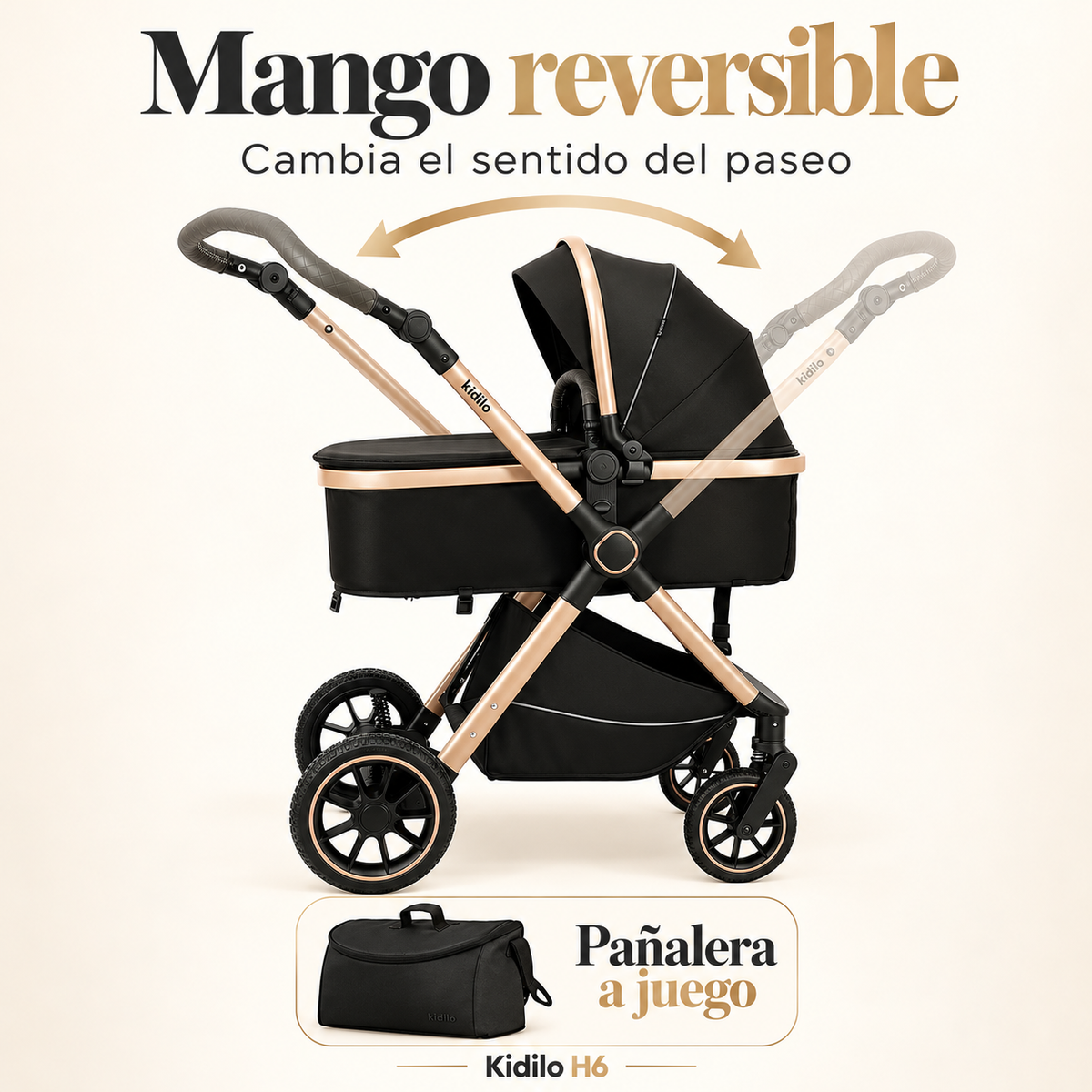 Coche Tipo Moisés Kidilo Con Mango Reversible y Doble Acolchado H6
