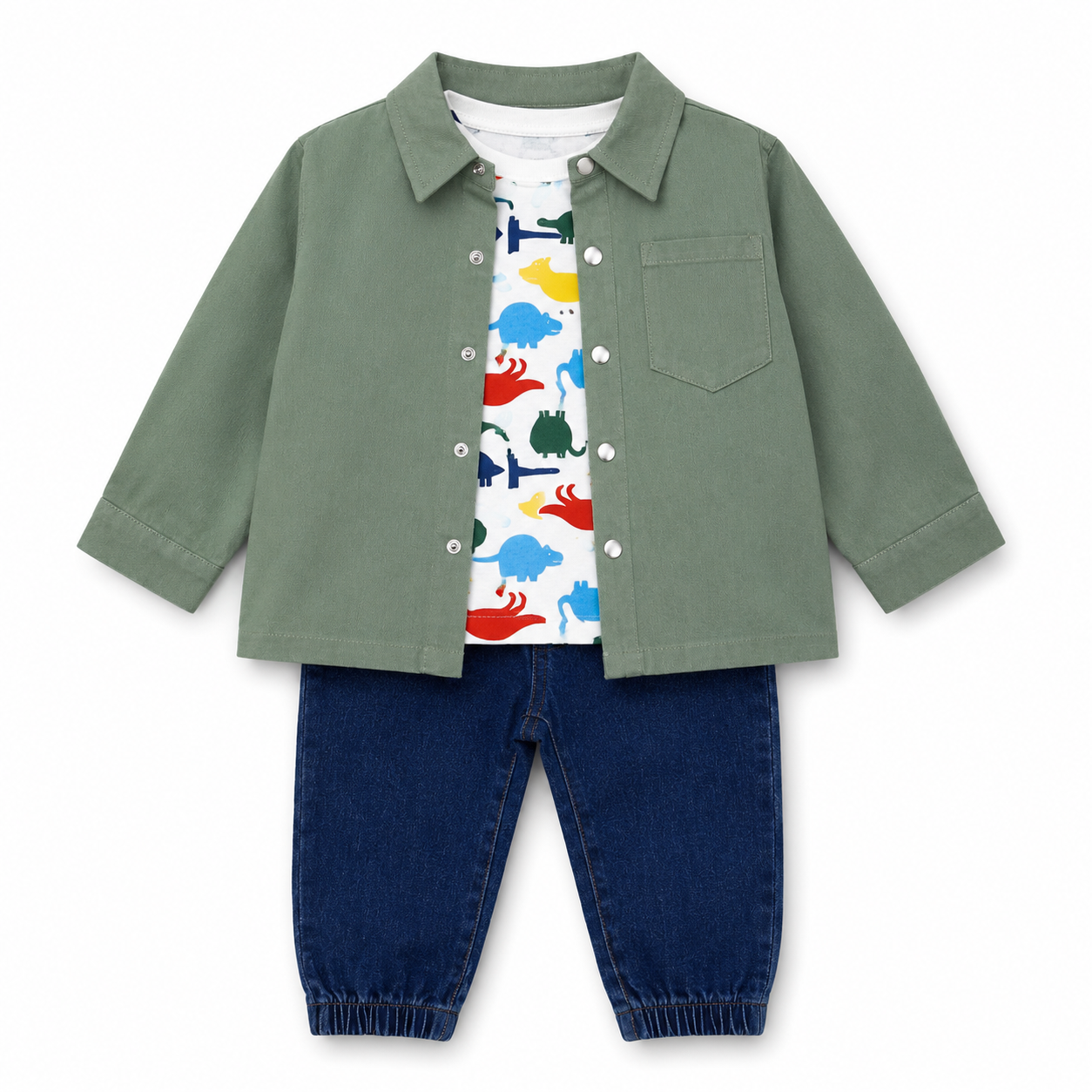 Conjunto Infantil para Niño de 3 Piezas – Sobrecamisa Verde, Camiseta Estampada y Pantalón Jogger