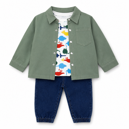Conjunto Infantil para Niño de 3 Piezas – Sobrecamisa Verde, Camiseta Estampada y Pantalón Jogger