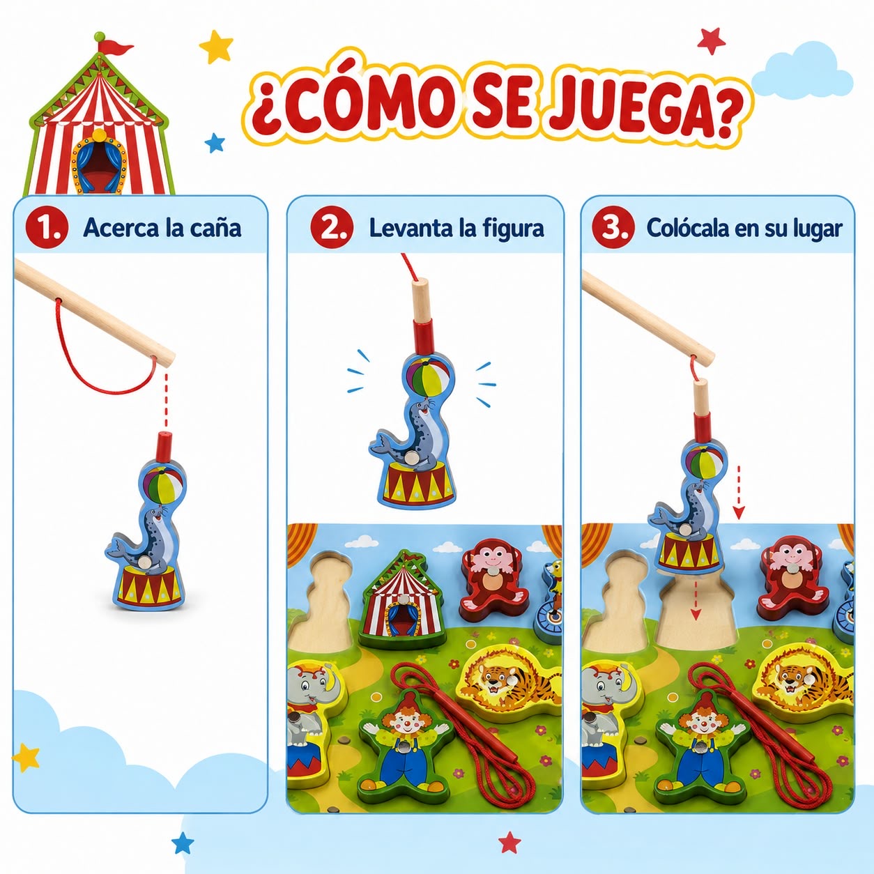 Juego de Pesca Magnética Infantil en Madera con Figuras y Caña – Rompecabezas Educativo de Motricidad Fina – Diseños Circo, Princesas o Espacio