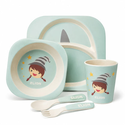 Vajilla Infantil de Fibra de Bambú 6 Piezas con Bandeja Dividida, Plato, Tazón, Vaso y Cubiertos – Set de Alimentación con Diseños Infantiles