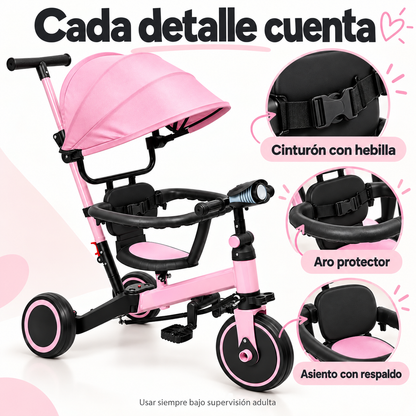 Bici Triciclo infantil 4 en 1 con capota y barra de empuje