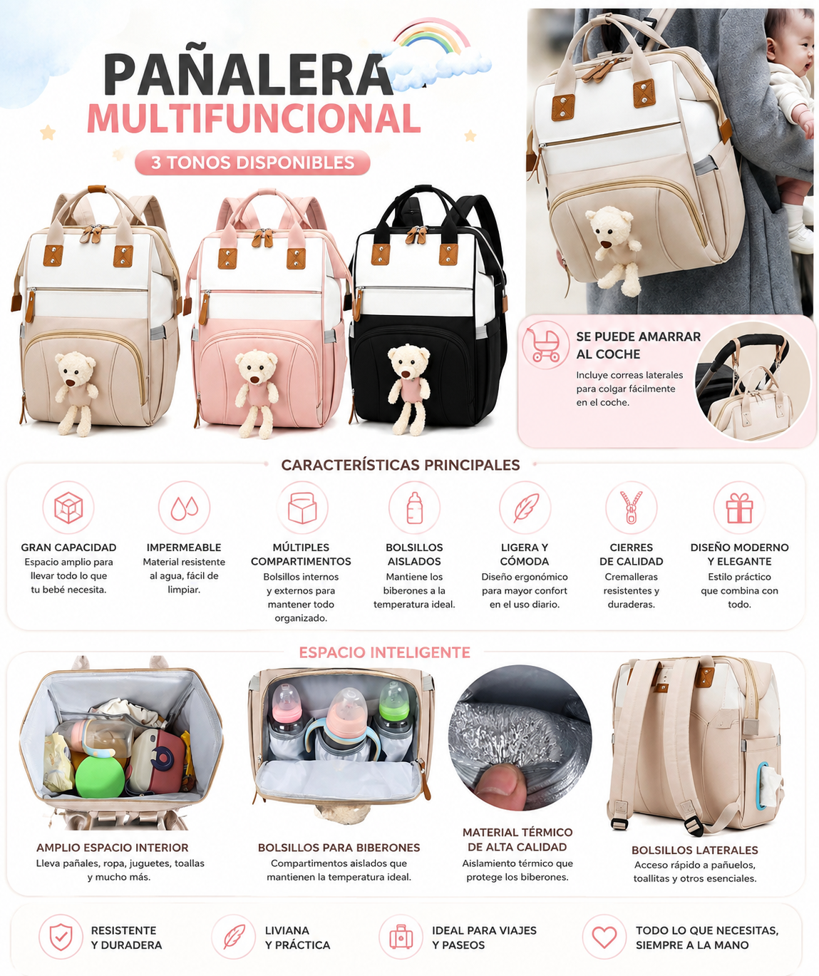 Pañalera Multifuncional Impermeable para Bebé | Mochila Maternal con Bolsillos Térmicos y Correas para Coche