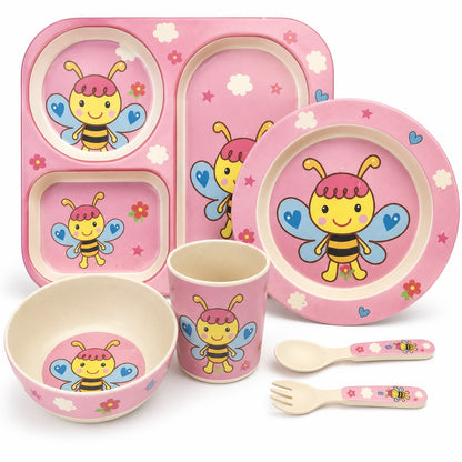 Vajilla Infantil de Fibra de Bambú 6 Piezas con Bandeja Dividida, Plato, Tazón, Vaso y Cubiertos – Set de Alimentación con Diseños Infantiles