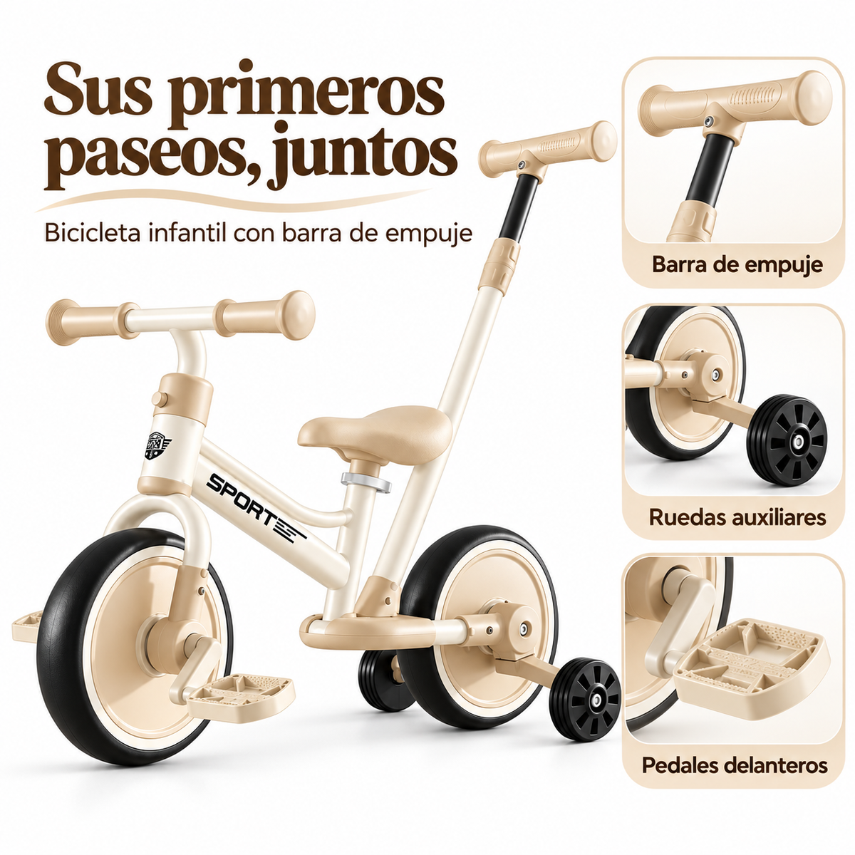 Bicicleta De Equilibrio Infantil con barra de empuje, pedales y ruedas auxiliares | Beige y Café