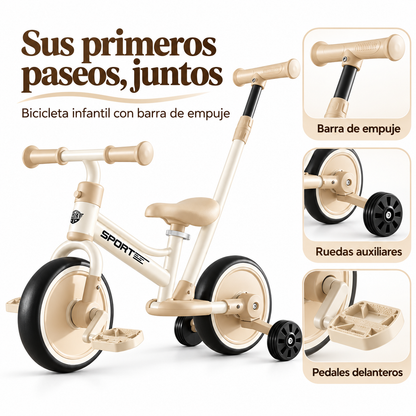 Bicicleta De Equilibrio Infantil con barra de empuje, pedales y ruedas auxiliares | Beige y Café