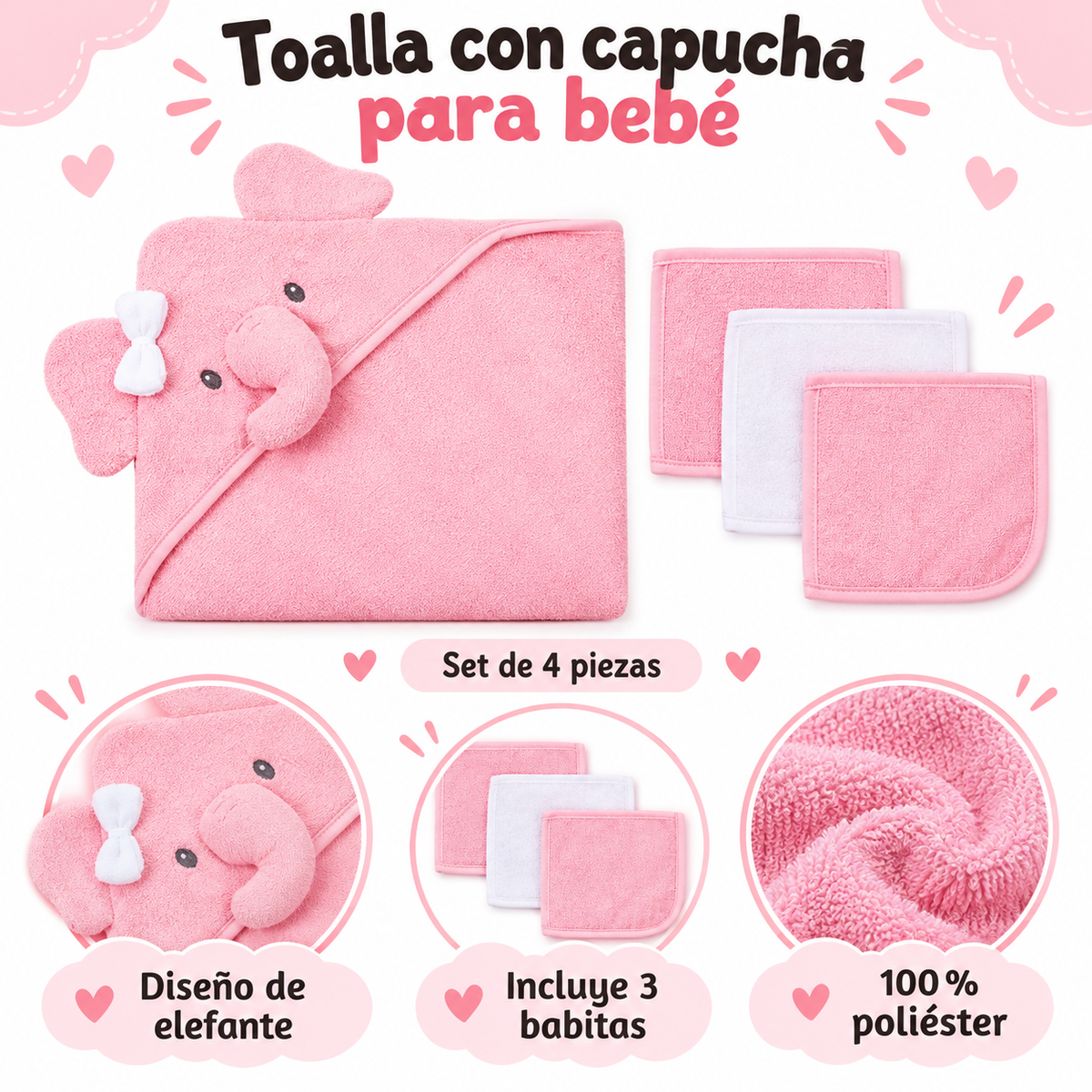 Toalla con Capucha de Animalito y 3 Babitas 💕