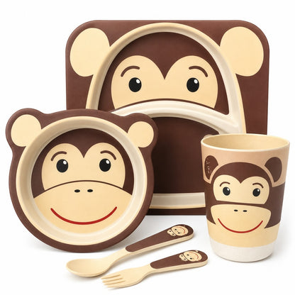 Vajilla Infantil de Fibra de Bambú 6 Piezas con Bandeja Dividida, Plato, Tazón, Vaso y Cubiertos – Set de Alimentación con Diseños Infantiles