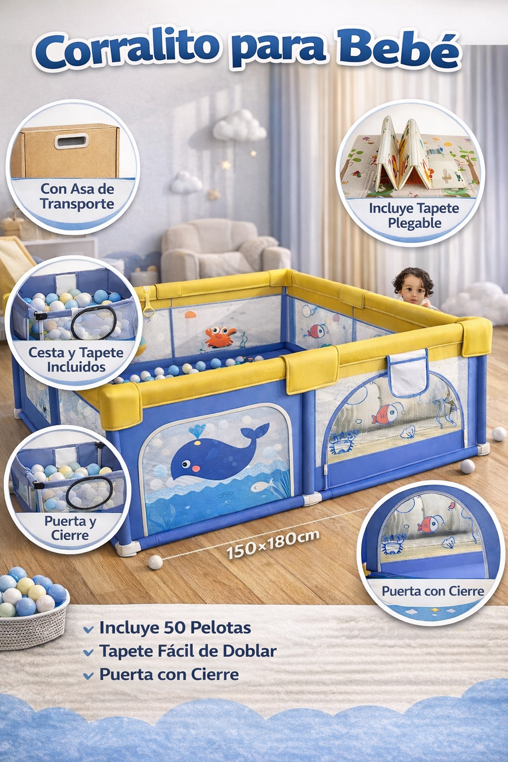 Corral de Juegos con Tapete y 30 Pelotas - Extra Grande 180x150 cm Play pen LJY1518