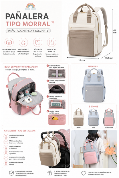 Pañalera Tipo Morral Impermeable para Bebé | Gran Capacidad | 3 Tonos Disponibles