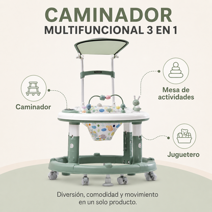 Caminador Multifuncional 3 en 1 con Capota, Panel Musical y Mesa de Juegos