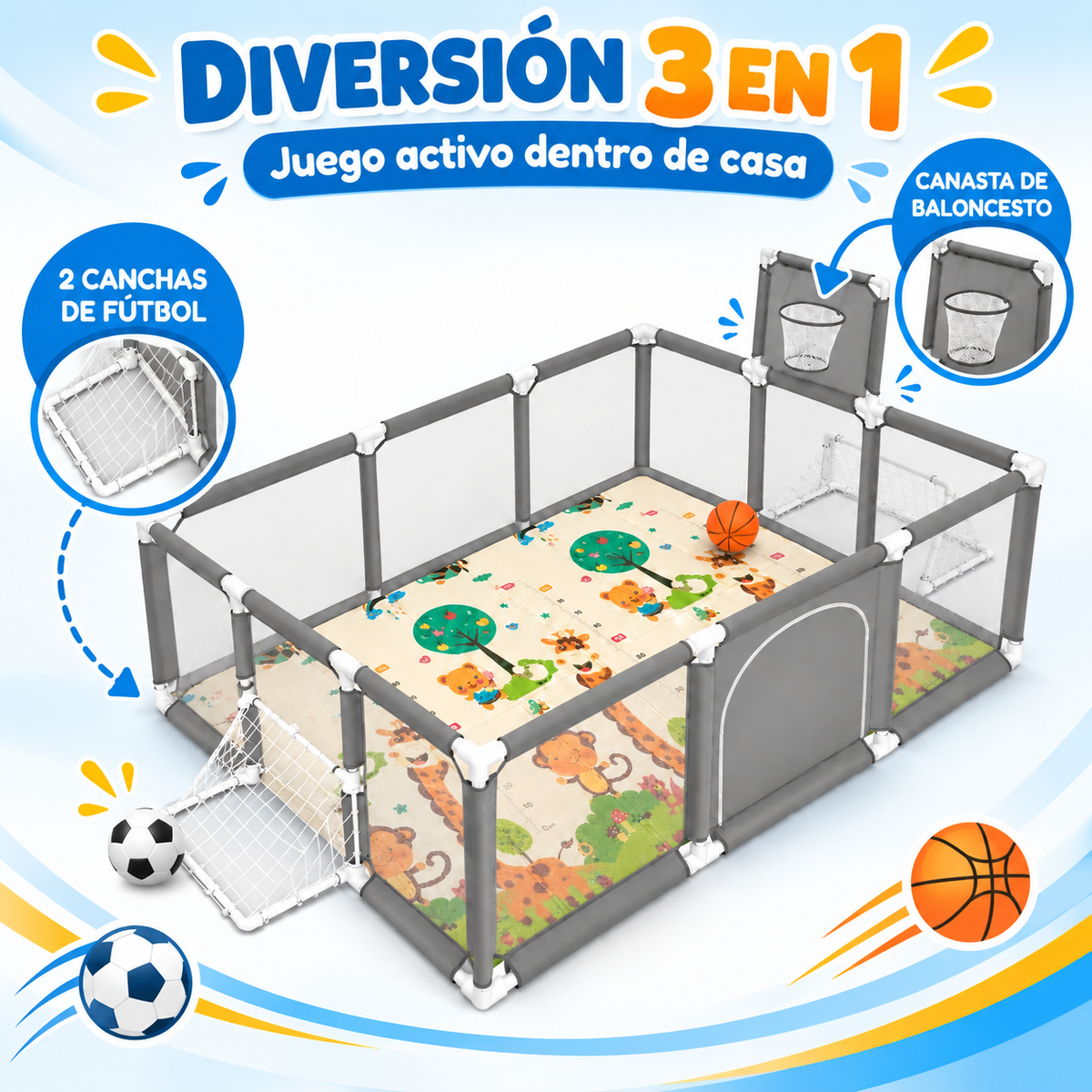 Corral de Juegos Premium 180x120 cm + Tapete Extra Grueso 1 cm + 30 Pelotas + Canasta