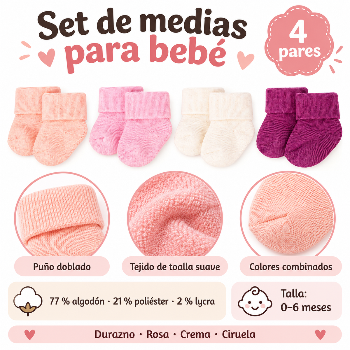 Set de 4 Pares de Medias para Bebé 💕