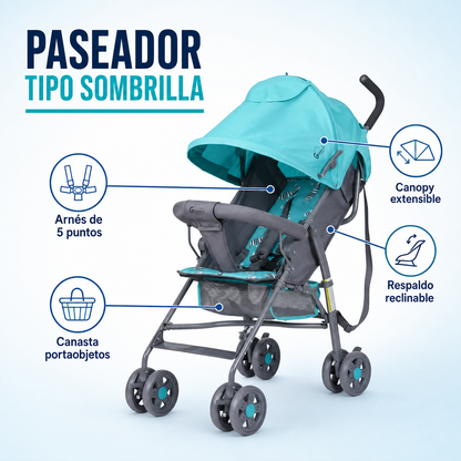 Paseador Tipo Sombrilla Reclinable con Canopy Extensible