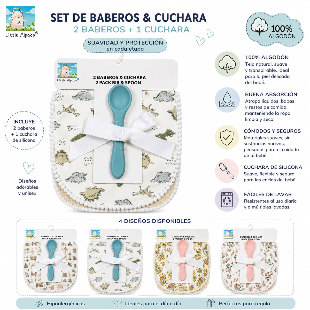 Set de 2 Baberos + Cuchara de Silicona para Bebé Little Alpaca | 100% Algodón