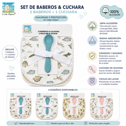 Set de 2 Baberos + Cuchara de Silicona para Bebé Little Alpaca | 100% Algodón
