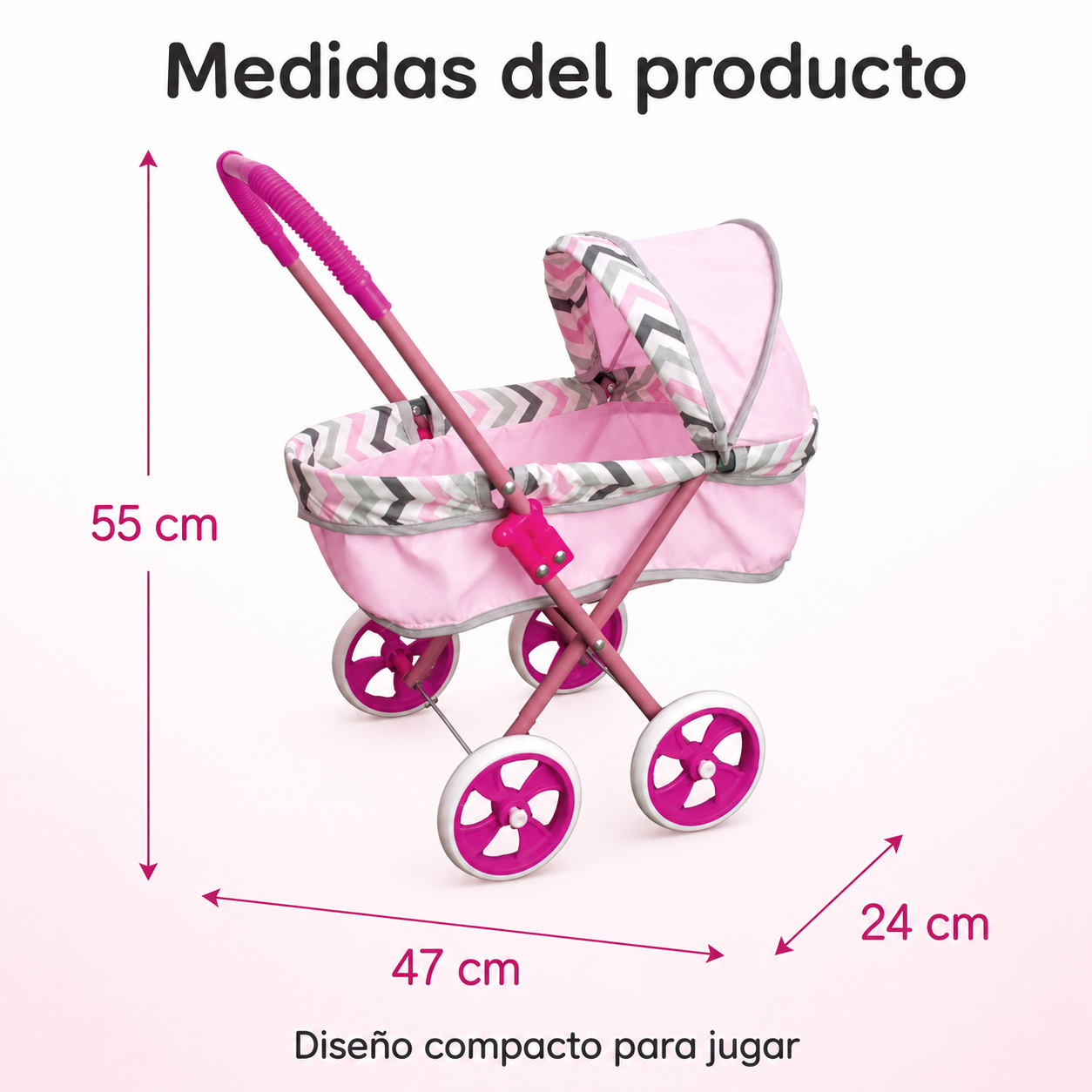 Coche Moisés para Muñecas Rosado con Capota Mini