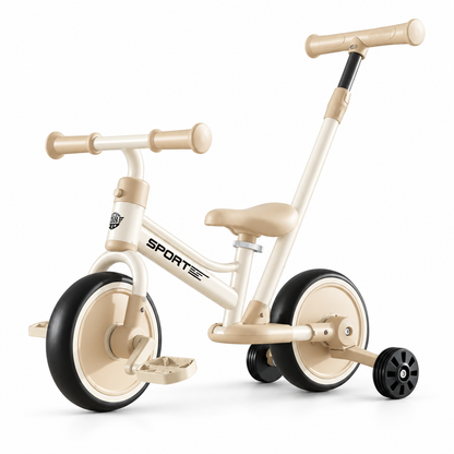 Bicicleta De Equilibrio Infantil con barra de empuje, pedales y ruedas auxiliares | Beige y Café