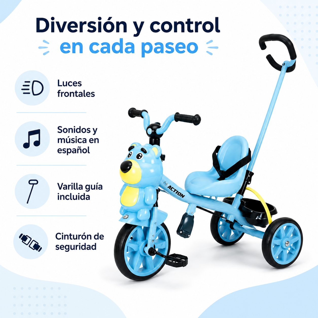 Triciclo Paseador Osito con Guía, Luces y Música