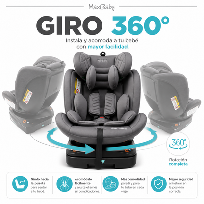Silla de Carro Giratoria 360° Con Isofix MaxiBaby WIN | Desde Recién Nacido hasta 8 Años (25 kg)