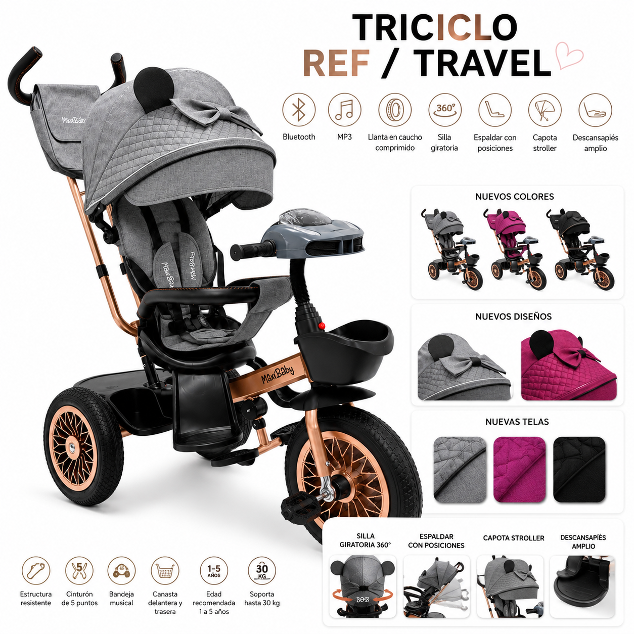 Triciclo Paseador Travel 2.0 Premium Maxibaby Con Llanta Maciza